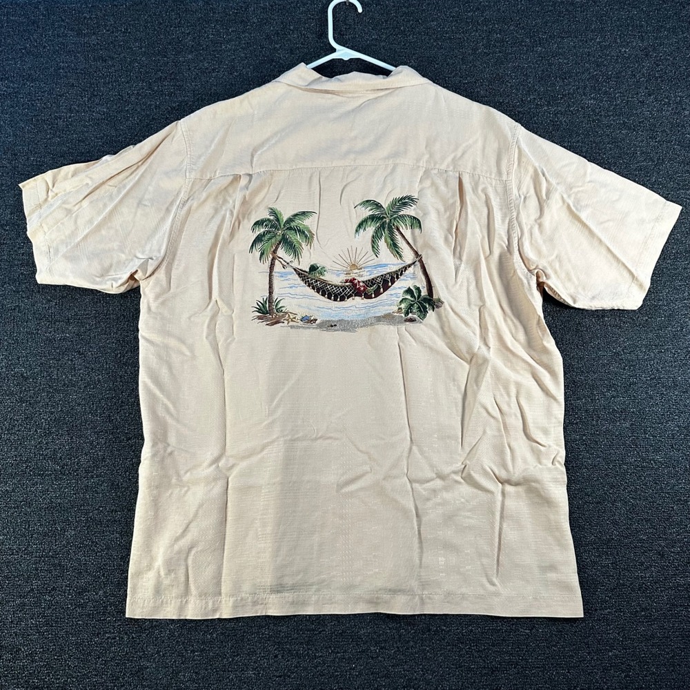Caribbean Silk Button Down Mens XL Tan Tropical Hammock Palm Tree Embroidered